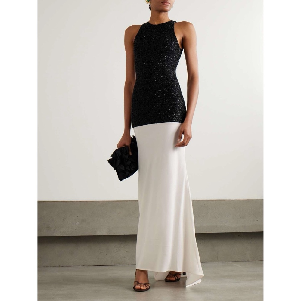 NEW Staud Gabrielle Gown (Sz M) Beaded Drop Waist Maxi Dress Black & Ivory